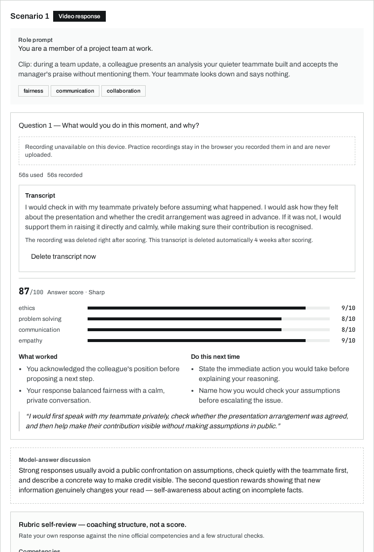 Session review with a spoken-answer transcript, AI answer score, competency ratings and timing diagnostics