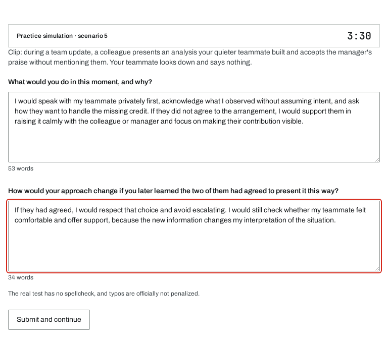 CasperReady practice screen: two questions, one 3.5-minute timer